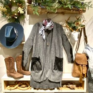 Vegan LEATHER pockets & sleeves open front boho cardigan w midcentury vibe